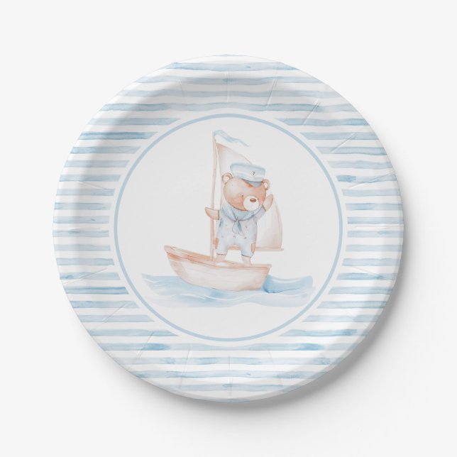 Sailor Bear Blue Stripe Birthday Paper Plate (Front)