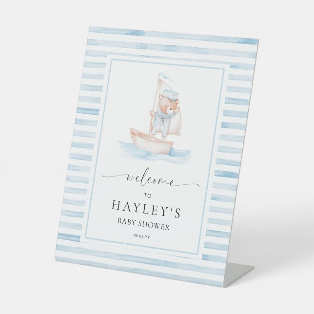 Sailor Bear Blue Stripe Welcome Pedestal Sign (Front)