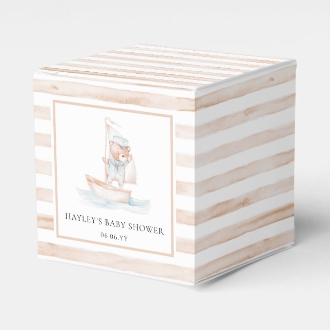 Sailor Bear Tan Stripe Baby Shower Favor Box (Front Side)