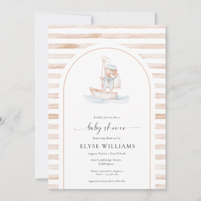 Sailor Bear Tan Stripe Baby Shower Invitation (Front)