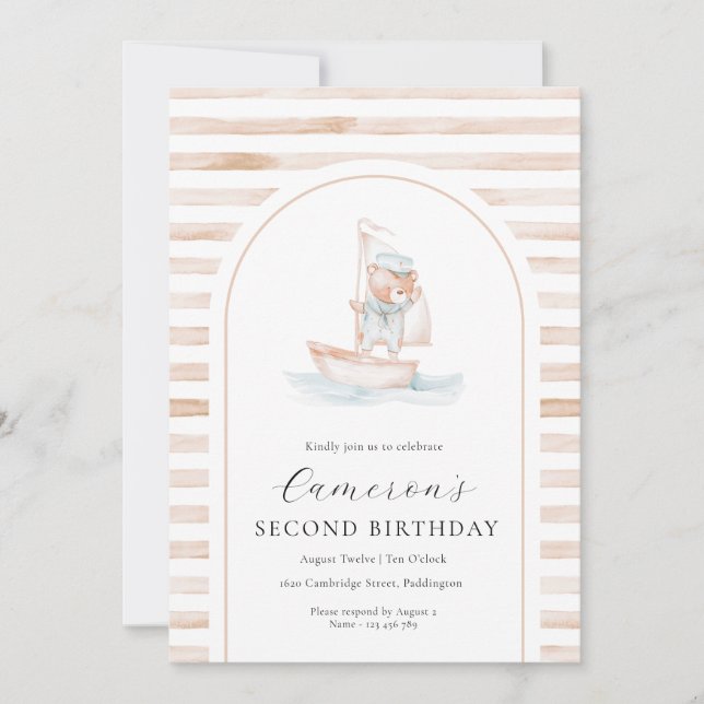 Sailor Bear Tan Stripe Birthday Arch Invitation (Front)