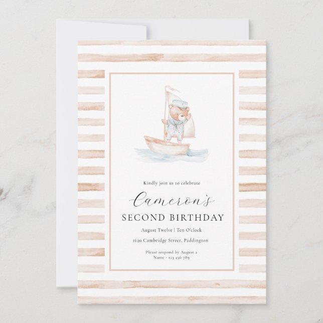 Sailor Bear Tan Stripe Birthday Invitation (Front)