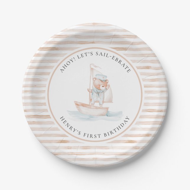 Sailor Bear Tan Stripe Birthday Paper Plate (Front)