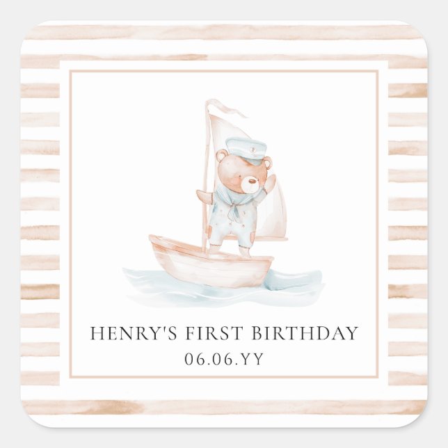 Sailor Bear Tan Stripe Birthday Square Sticker (Front)