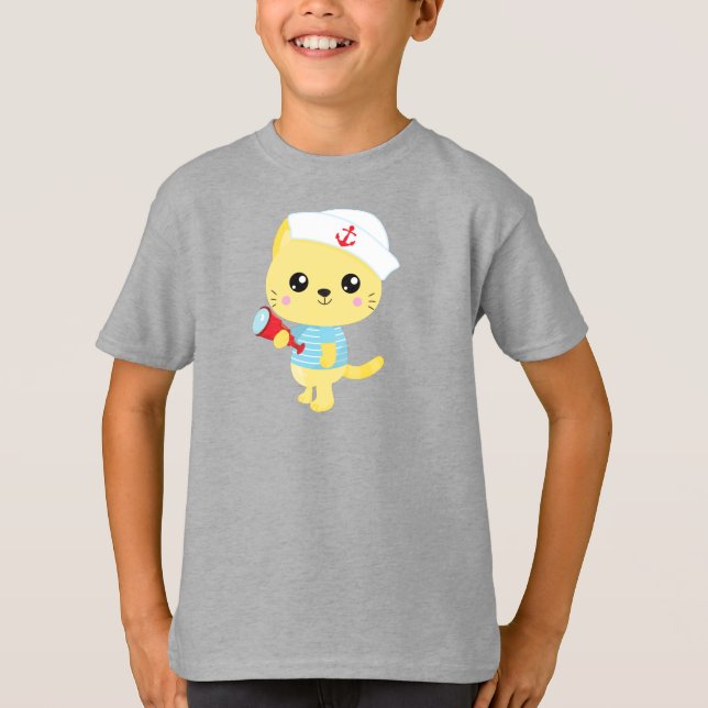 Sailor Cat, Boat Captain, Sailor Hat, Cute Cat T-Shirt (Front)