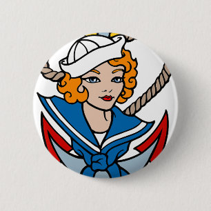 Sailor Girl and Anchor Tattoo Art 2 Inch Round Button