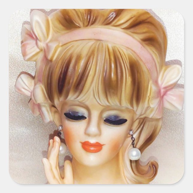Sailor Girl Head Vase Pink Bows Long Blonde Hair Square Sticker (Front)