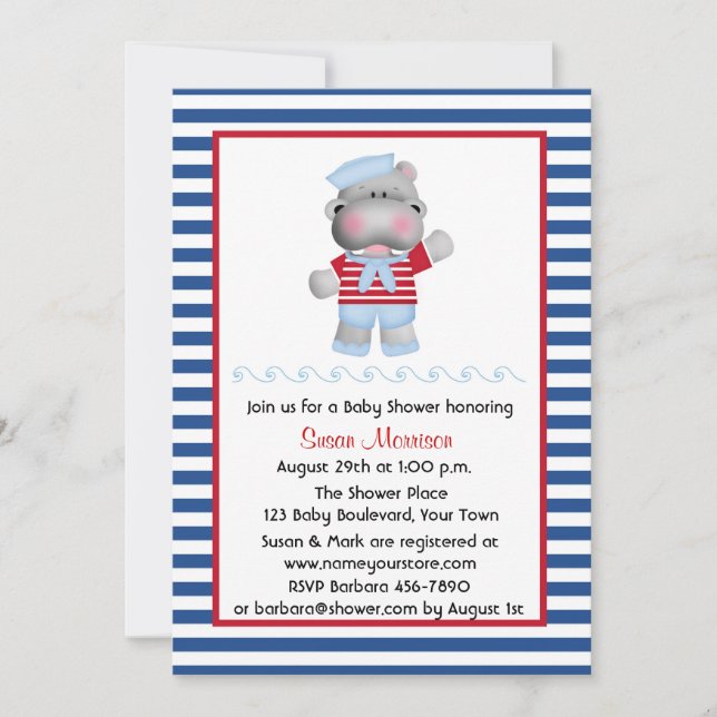 Sailor Hippo, Boy Baby Shower Invitation (Front)