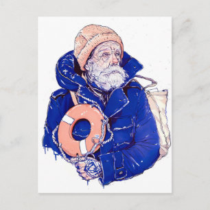 Sailor Holding Lifebuoy Wearing Orange Knit Cap Postcard