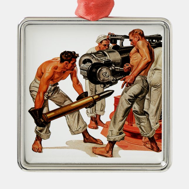 Sailor Hunks Loading the Big Gun Metal Ornament (Front)
