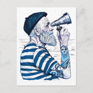 Sailor Looking Through Telescope Toward Distant Ho Postcard