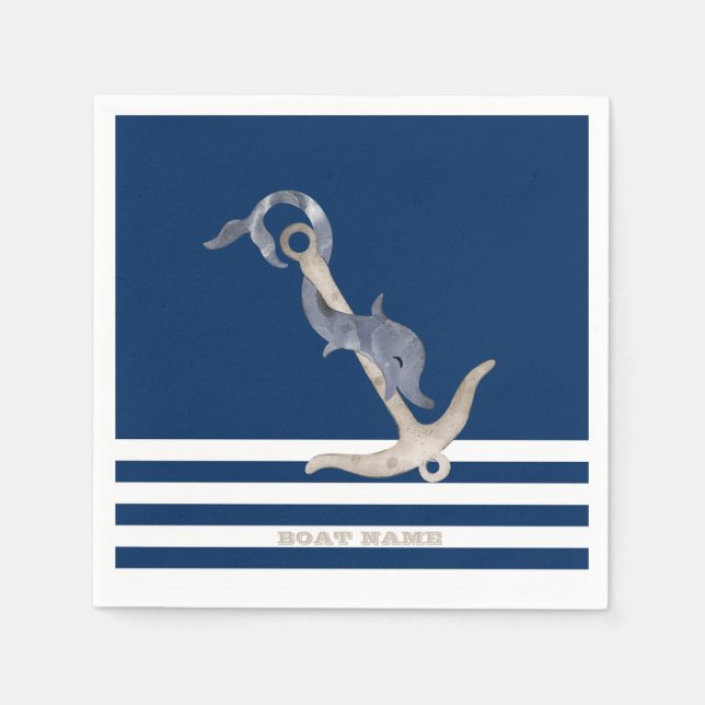 Sailor Nautical Anchor Dolphin Navy Blue Stripes  Napkin (Front)