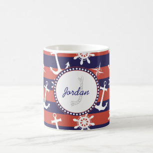 Sailor Nautical navy blue and red stripes monogram Coffee Mug