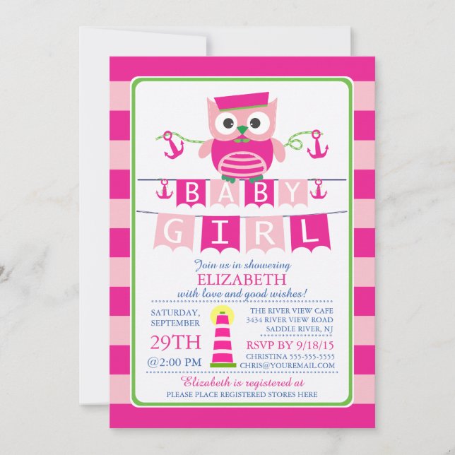 Sailor Owl Nautical Girl Baby shower Invitation (Devant)