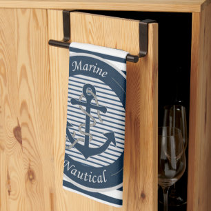 Sailor Stripes Anchor and Rope on White Background Kitchen Towel