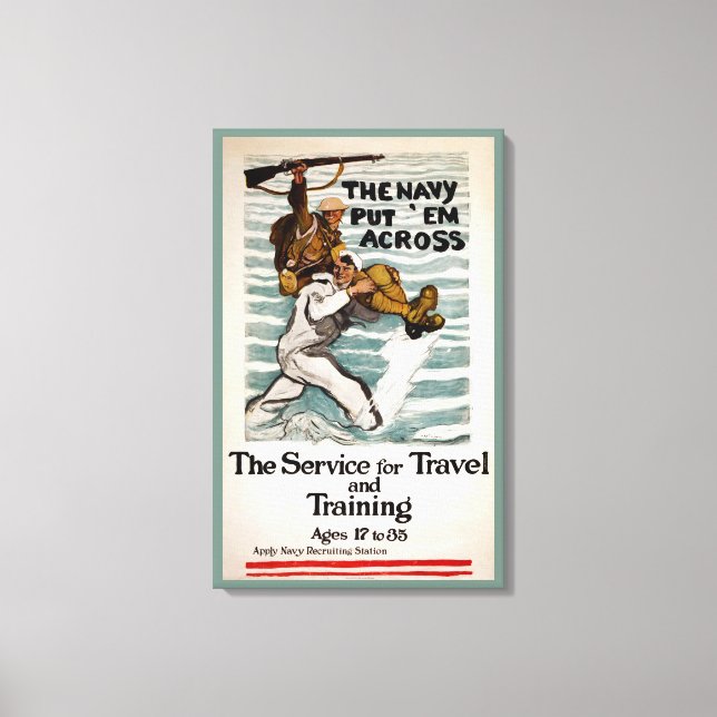 Sailor Wading As He Carries A Soldier On Shoulder Canvas Print (Front)