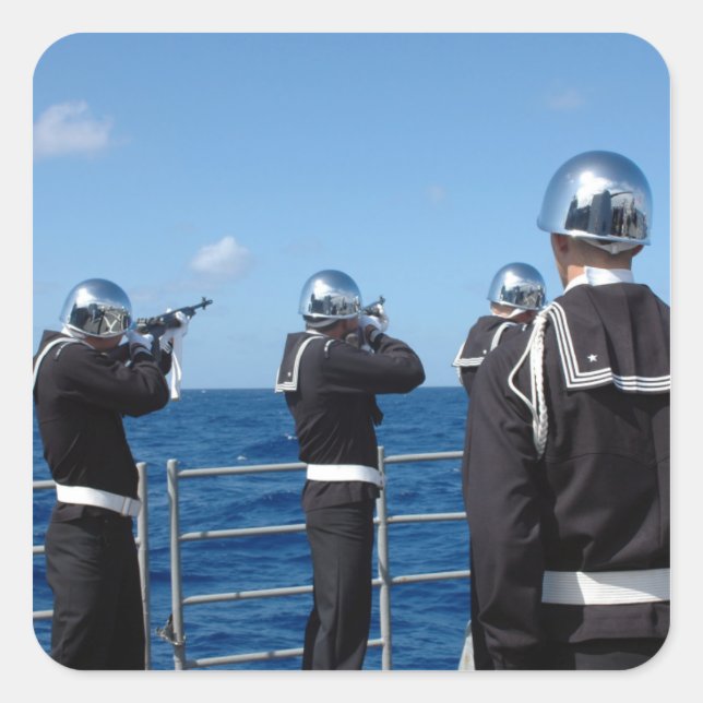 Sailors fire a gun salute during a burial-at-se square sticker (Front)