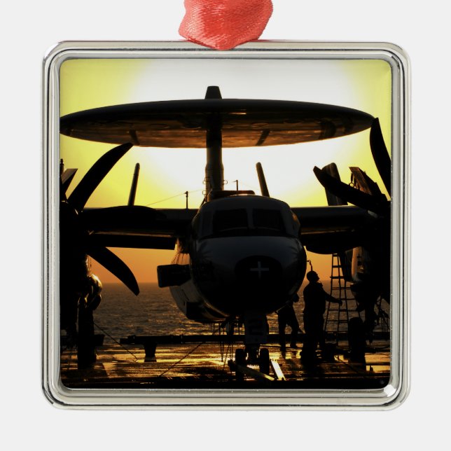 Sailors work on an E-2C Hawkeye aircraft Metal Ornament (Front)