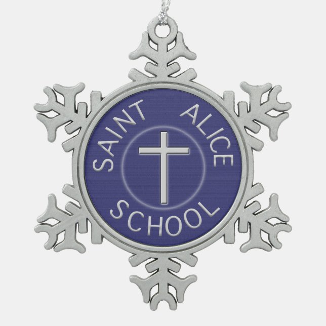 Saint Alice School Traditional  Blue and White Snowflake Pewter Christmas Ornament (Front)