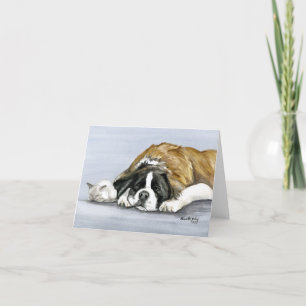 "Saint Bernard and Kitten" Dog Art Notecard