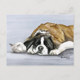 Saint Bernard and Kitten Dog Art Postcard