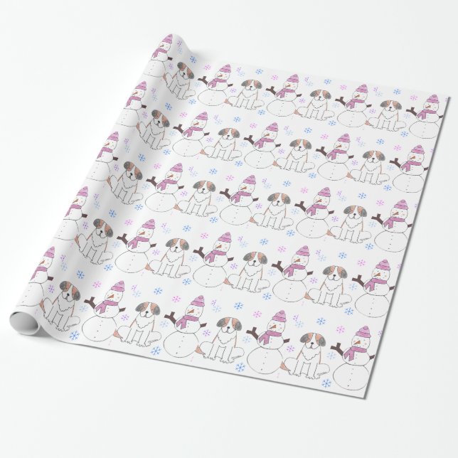 Saint Bernard And Snowman Wrapping Paper (Unrolled)