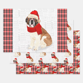 Saint Bernard Christmas Dog Red Plaid Holiday Wrapping Paper Sheet