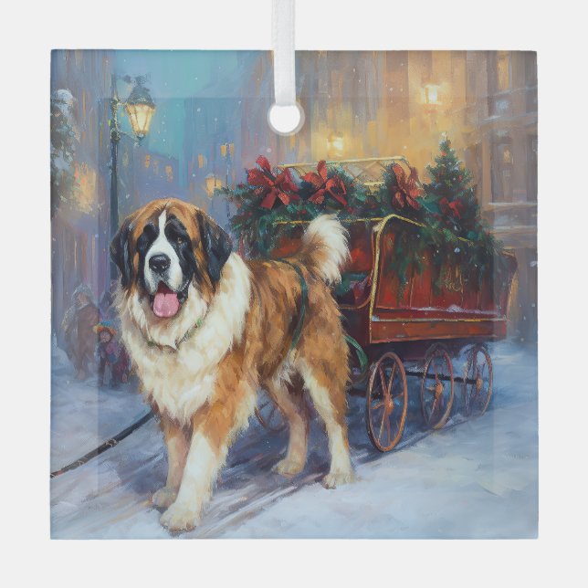 Saint Bernard Christmas Festive Season  Glass Ornament (Front)