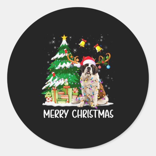 Saint Bernard Christmas Lights Tree Santa Xmas Paj Classic Round Sticker (Front)