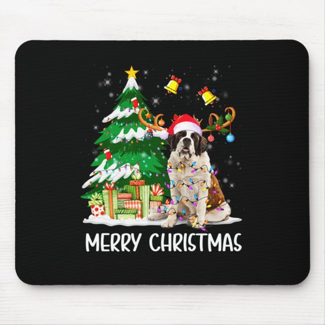 Saint Bernard Christmas Lights Tree Santa Xmas Paj Mouse Pad (Front)