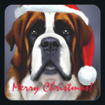 Saint Bernard Christmas Square Sticker<br><div class="desc">Cute illustration of a Saint Bernard dog wearing a Santa hat.</div>