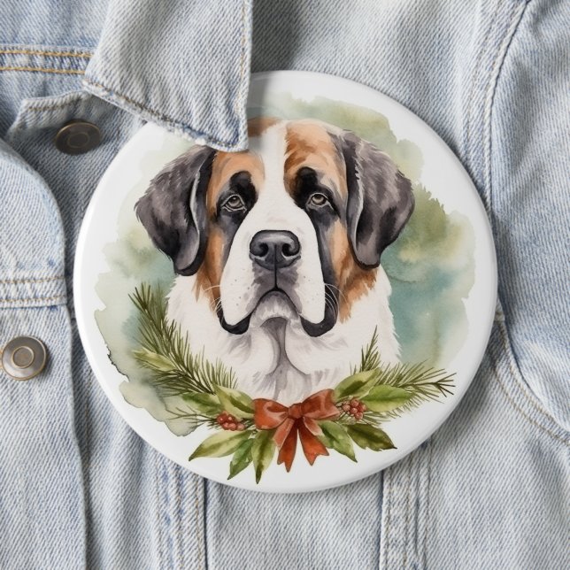 Saint Bernard Christmas Wreath Festive Pup 6 Inch Round Button (In Situ)