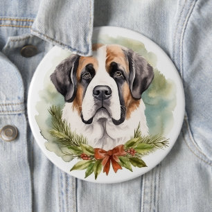 Saint Bernard Christmas Wreath Festive Pup 6 Inch Round Button