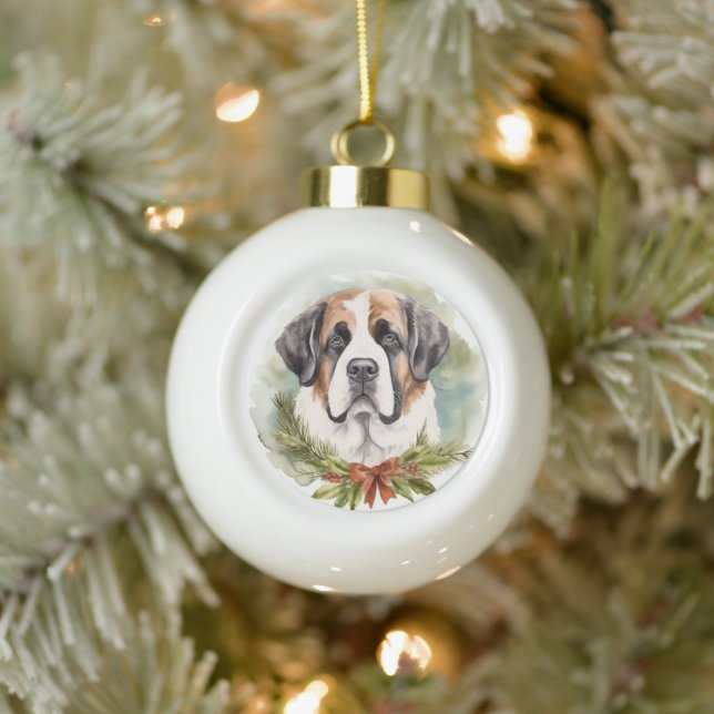 Saint Bernard Christmas Wreath Festive Pup Ceramic Ball Christmas Ornament (Tree)