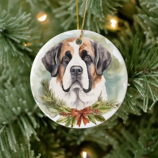 Saint Bernard Christmas Wreath Festive Pup Ceramic Ornament (Tree)