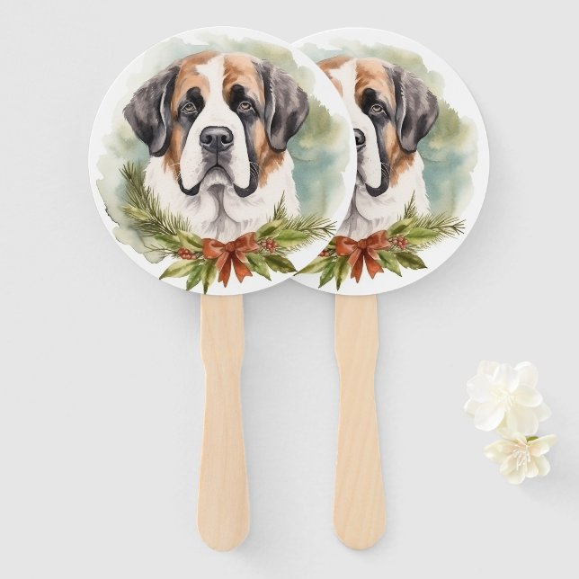 Saint Bernard Christmas Wreath Festive Pup Hand Fan (Front and Back)