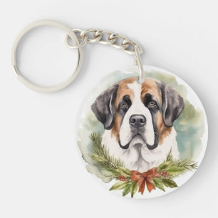 Saint Bernard Christmas Wreath Festive Pup Keychain
