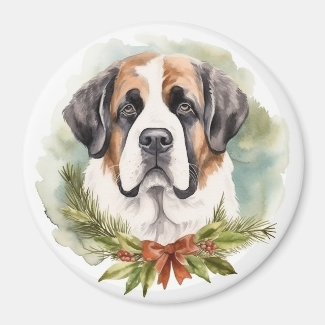 Saint Bernard Christmas Wreath Festive Pup Magnet (Front)