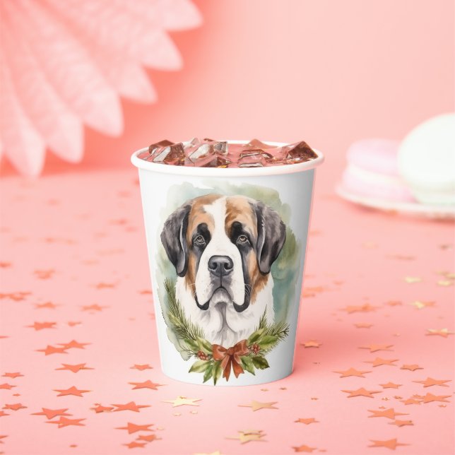 Saint Bernard Christmas Wreath Festive Pup Paper Cups (Insitu)