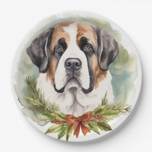 Saint Bernard Christmas Wreath Festive Pup Paper Plate