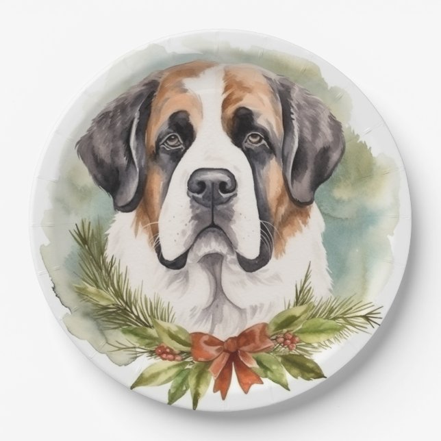 Saint Bernard Christmas Wreath Festive Pup Paper Plate (Front)