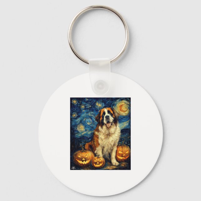 Saint Bernard Cute Dog Halloween Jack O Lantern Pu Keychain (Front)