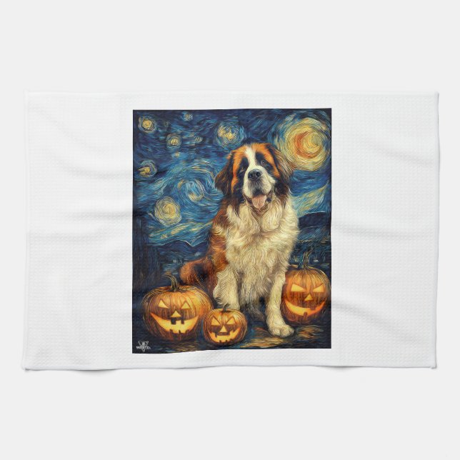 Saint Bernard Cute Dog Halloween Jack O Lantern Pu Kitchen Towel (Horizontal)