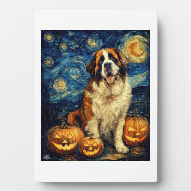 Saint Bernard Cute Dog Halloween Jack O Lantern Pu Plaque (Front)