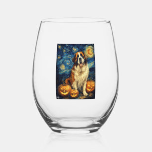 Saint Bernard Cute Dog Halloween Jack O Lantern Pu Stemless Wine Glass