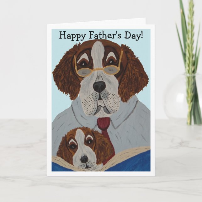 Saint Bernard Dad reading to Puppy  Card (Front)