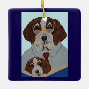 Saint Bernard Dad Reading to Puppy Ceramic Ornament