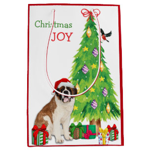 Saint Bernard Dog, Bird, and Christmas Tree Medium Medium Gift Bag