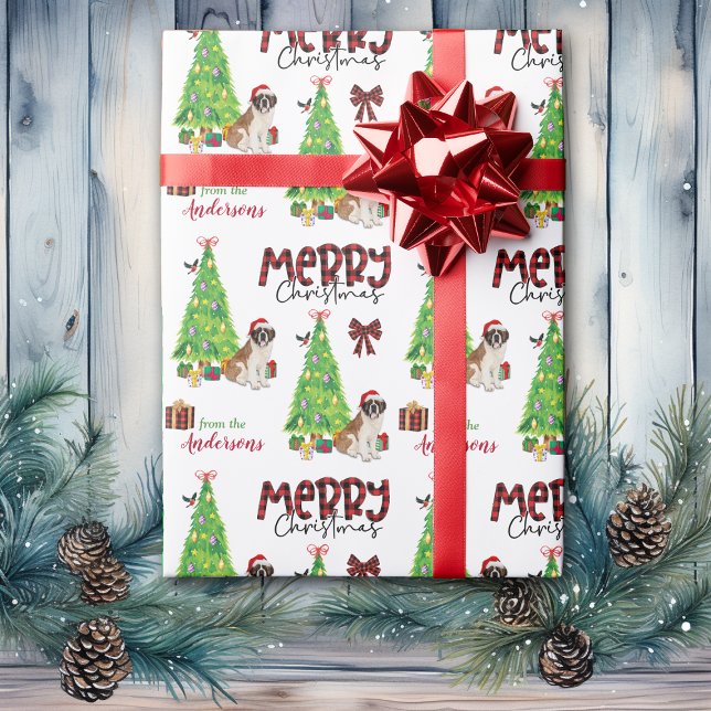 Saint Bernard Dog, Bird and Christmas Tree Wrapping Paper (Creator Uploaded)