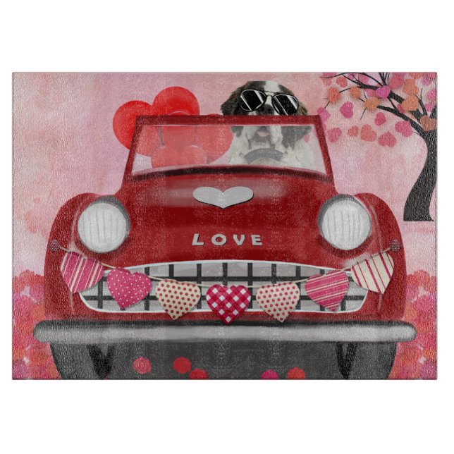 Saint Bernard Dog Car with Hearts Valentine's  Cutting Board (Front)